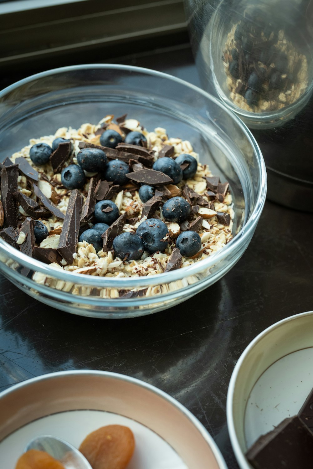 black and white round food in clear glass bowl