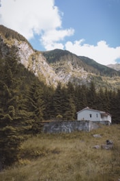 A small white house with a red roof sits in a clearing surrounded by dense pine forests. Behind the house, towering rocky mountains covered with greenery rise towards a partly cloudy blue sky. The foreground comprises a grassy meadow with some large rocks.