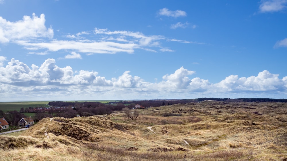 brown grass field under blue sky and white clouds during daytime