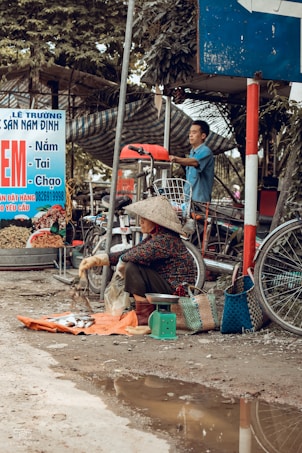 A street market scene with a woman wearing a traditional conical hat sitting on the ground, selling fish on an orange cloth. Next to her are two woven baskets and a green scale. A man, standing in the background, seems to be working with equipment on a bicycle cart. The environment appears rustic and busy with several signs and motorcycles around.