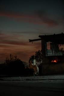 A serene indigenous elder sharing stories by a sacred fire at dusk.