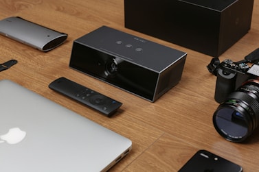 black and silver portable speaker