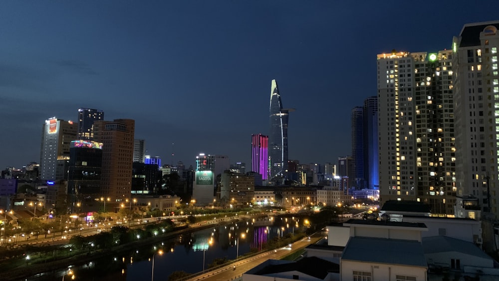 city skyline during night time