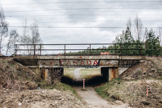 A small concrete bridge with graffiti of the word 'Canada' is situated over a narrow dirt path. The bridge has rusty metal railings and is surrounded by sparse greenery. Overhead, power lines stretch across the sky. The landscape is overcast, with a mix of bare trees and coniferous trees.