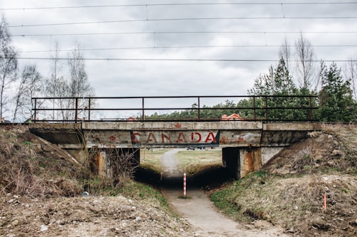 A small concrete bridge with graffiti of the word 'Canada' is situated over a narrow dirt path. The bridge has rusty metal railings and is surrounded by sparse greenery. Overhead, power lines stretch across the sky. The landscape is overcast, with a mix of bare trees and coniferous trees.