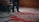 A person stands next to intricately patterned, colorful carpets with a focus on their feet. The carpets feature elaborate designs in shades of red, blue, and white. A wooden staircase with dark green railings is partially visible, along with wooden paneled walls that add a rustic charm to the setting.