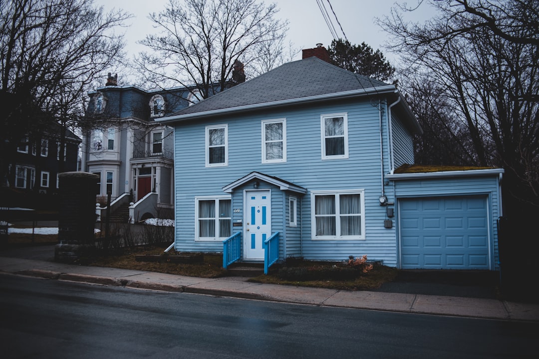 blue and white wooden house near bare trees during daytime