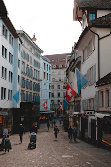 A quiet Swiss town street with modern architecture reflecting simplicity and clarity.