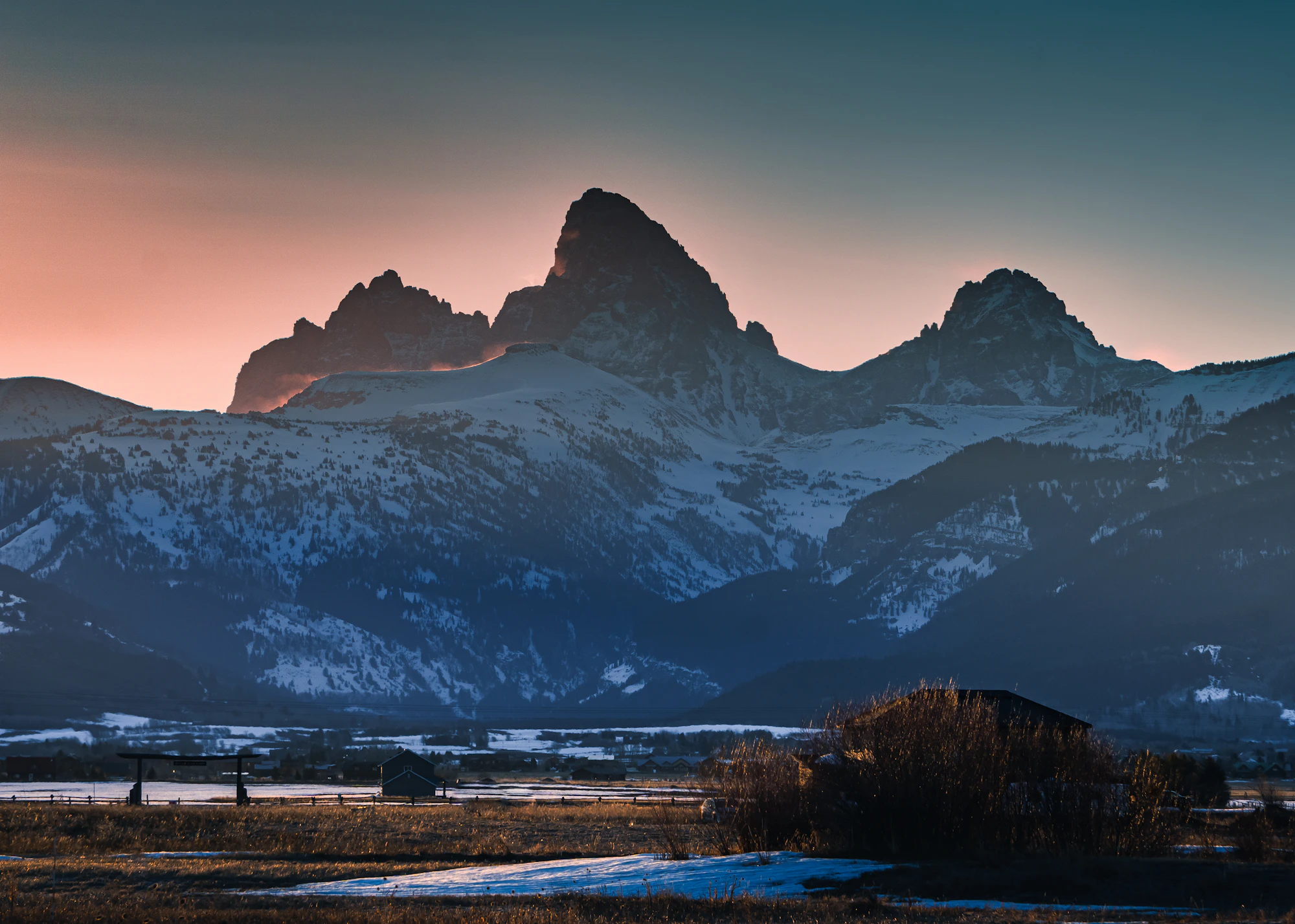 The Teton range at sunrise, seen from Driggs, Idaho