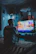 man in red shirt watching tv