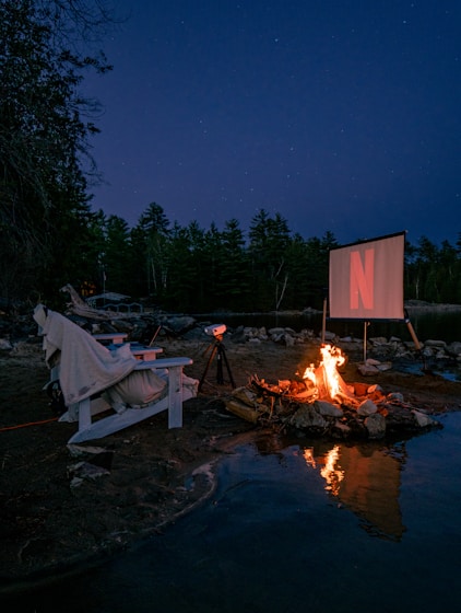 bonfire near body of water during night time