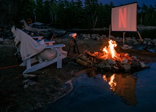 bonfire near body of water during night time