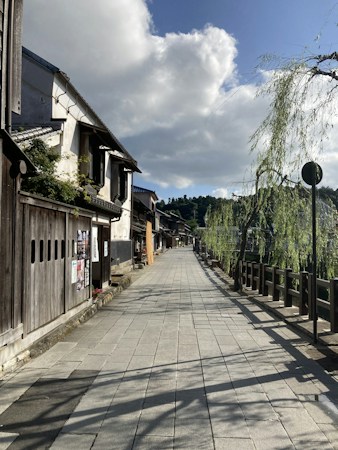 A quiet, traditional Japanese street is lined with old wooden buildings and willow trees. The sky is partly cloudy, allowing patches of sunlight to illuminate the pathway. Posters are visible on one of the buildings, adding a modern touch to the otherwise historic ambiance.
