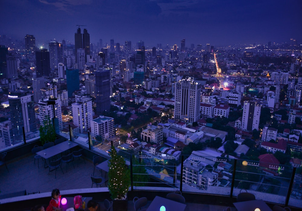 aerial view of city buildings during night time