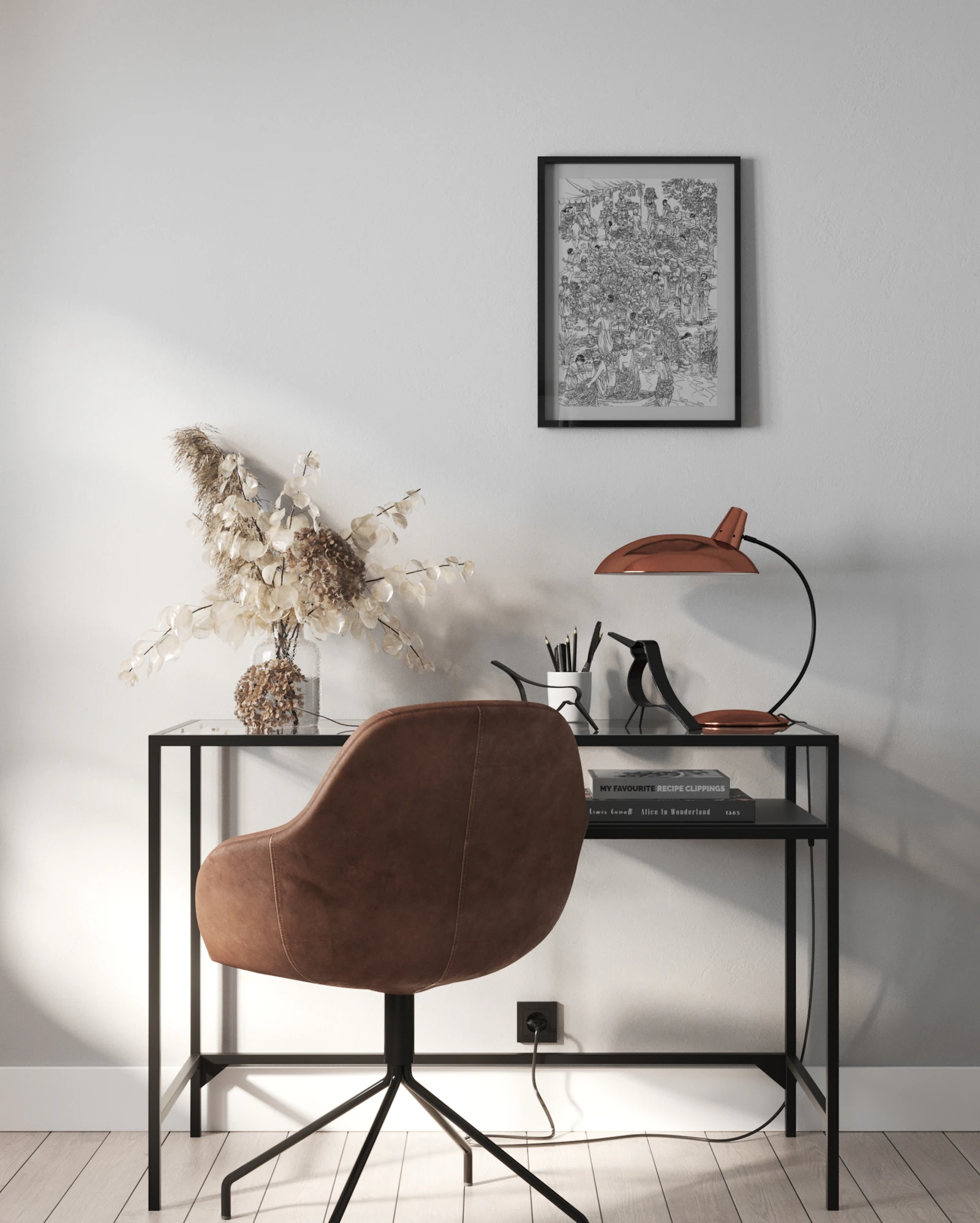A wooden chair beside a black table