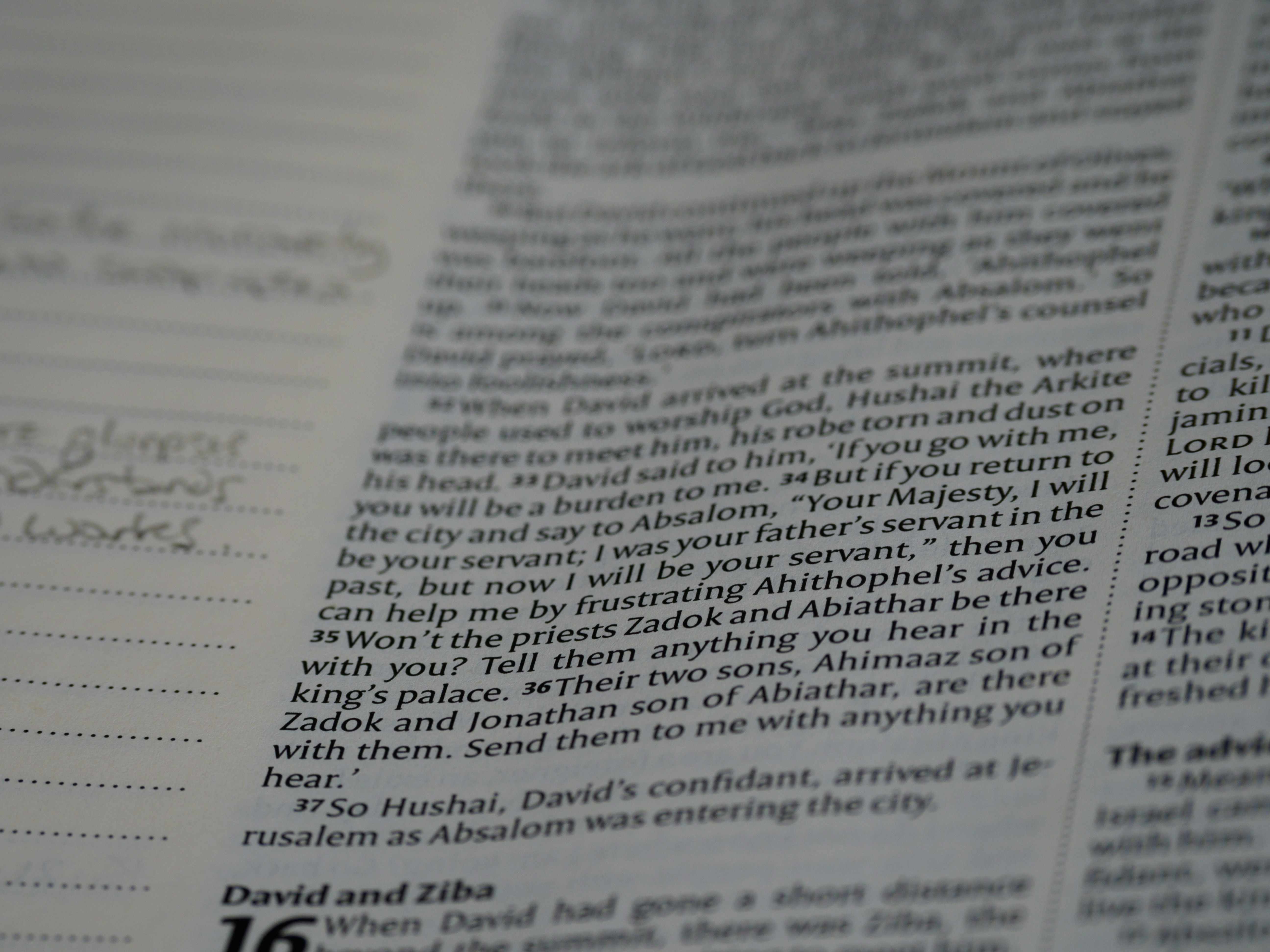 close up, bokeh, macro, blur, blurred background, close focus, bible, old testament, 2 samuel, samuel, book of samuel, gad, nathan, covenant, law, Nevi'im, prophets, Deuteronomistic history, rabbinic literature, shavuot, christian, judaism, history, text, reading, bible study, devotions, text, NIV, New International Version, type, typography, canon, christianity, holy scripture, holy bible, scripture,