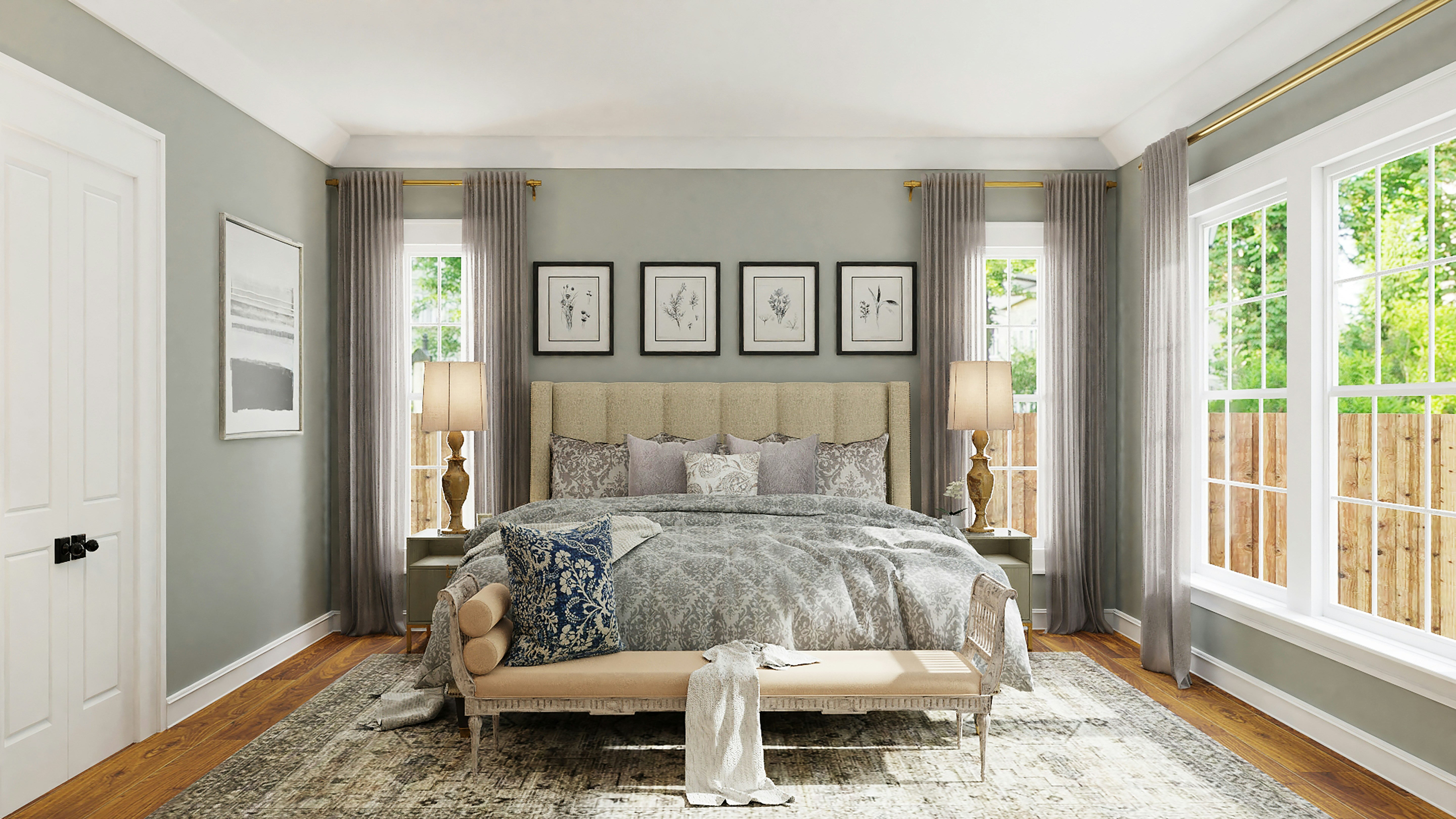 gray and white floral bed linen