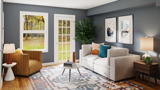 A cozy living room featuring a modern beige sofa with colorful cushions.