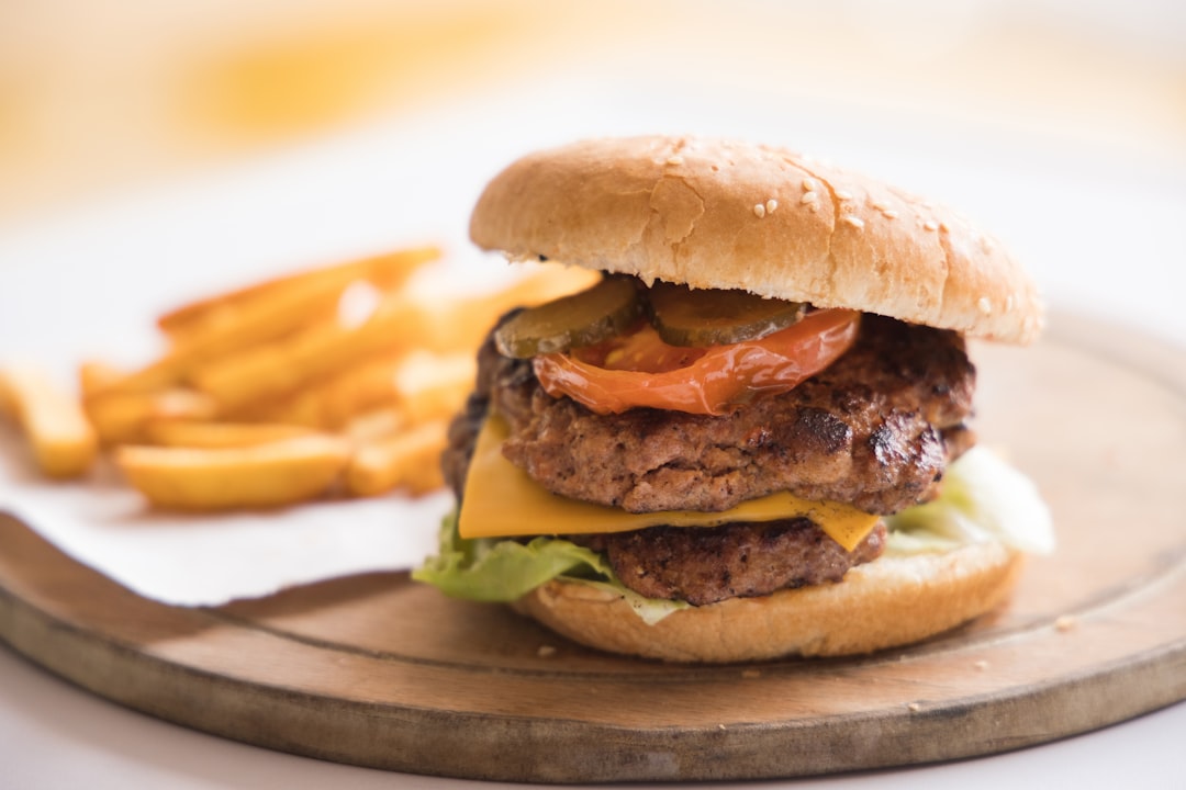 burger with fries on white ceramic plate