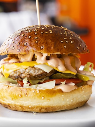 burger on white ceramic plate