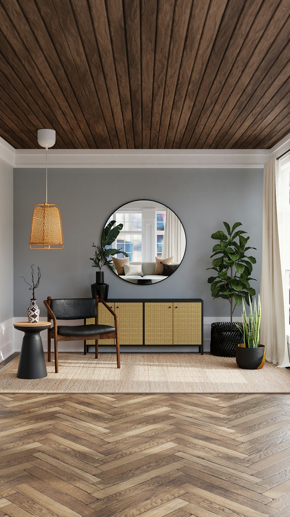 schwarzer und brauner Holztisch mit Stühlen