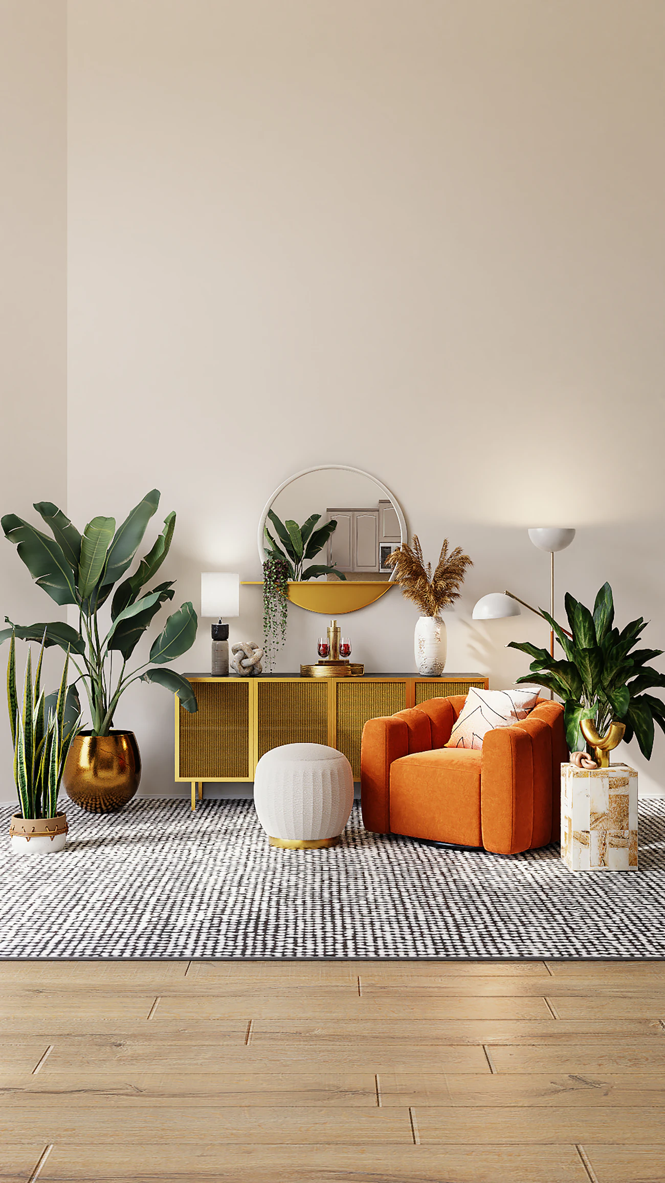 Material-rich living room with neutral tones
