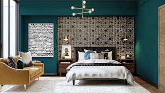 Contemporary room showcasing colorful textured paint accents on white walls.