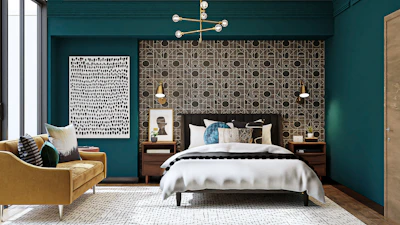 Spacious and inviting bedroom with soft beige and teal accents.