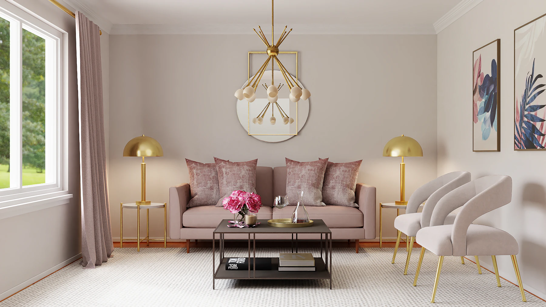 Styled home interior with pendant lighting, furniture, rug, and decorative accents