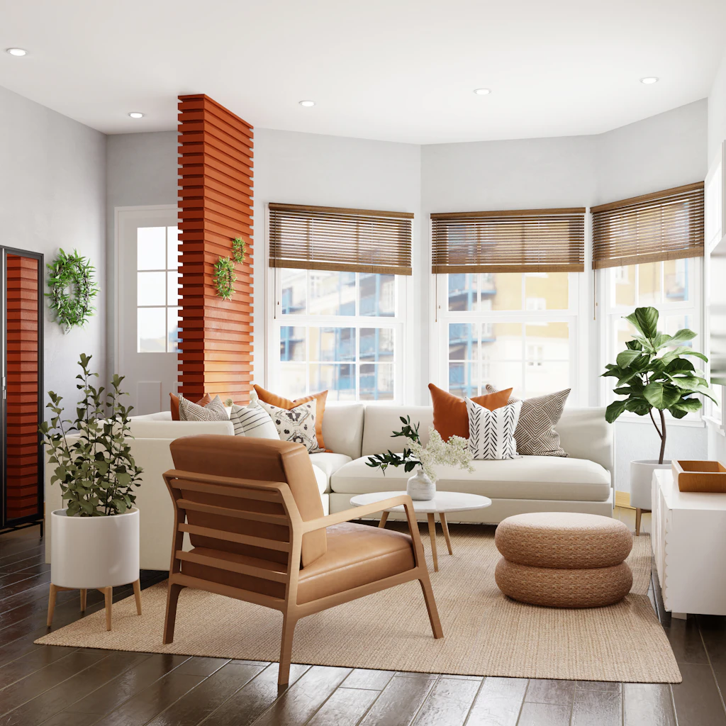 Living room with a bay window, timber shutters and layered textiles
