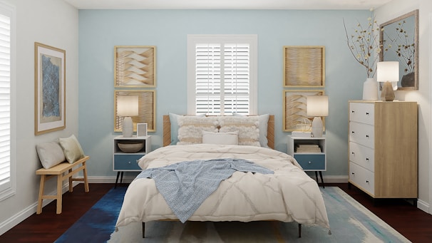 A tranquil bedroom designed for relaxation with soft textures and calming hues.