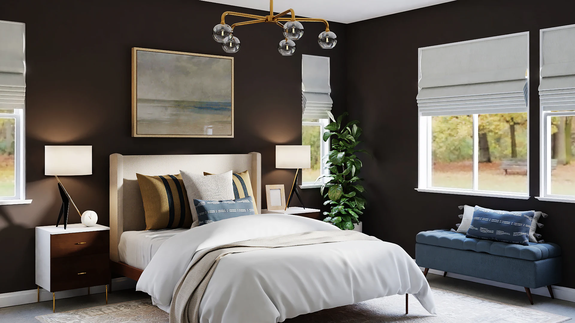 Bedroom with crisp white linen and blue accent chairs