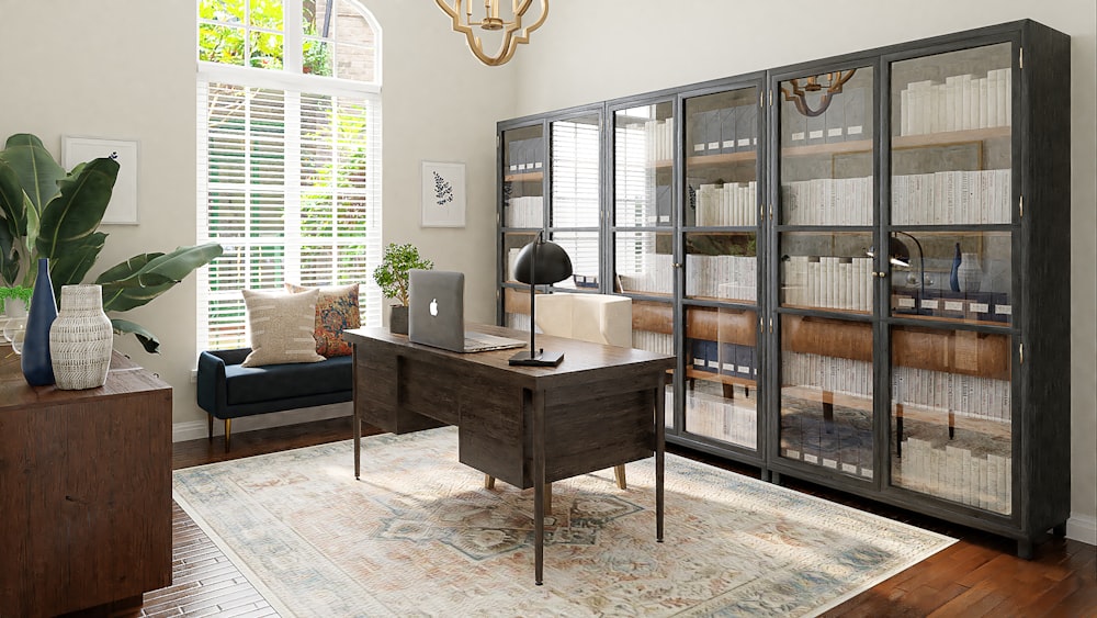 brown wooden table near brown wooden framed glass door