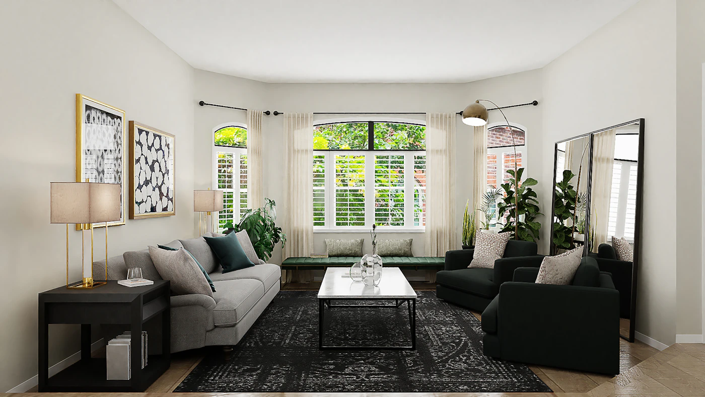 Phòng khách sáng với sofa trắng và nội thất gỗ