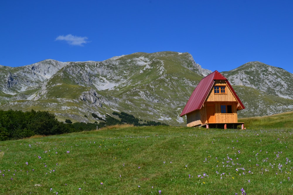 brown wooden house on green grass field near mountain under blue sky during daytime
