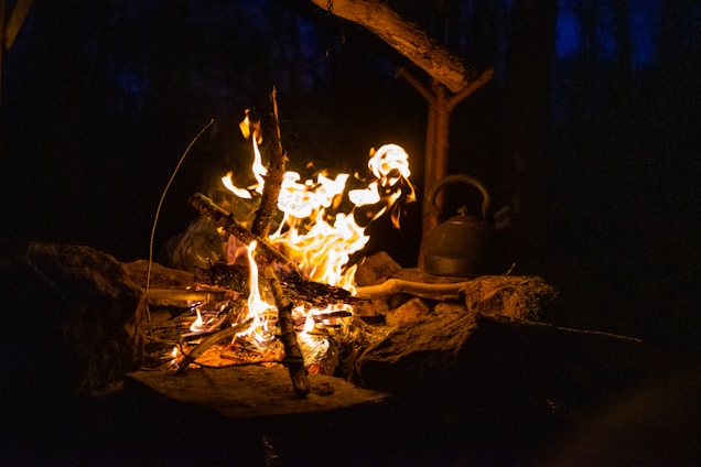 A vibrant campfire burns brightly, with sticks arranged in a teepee shape surrounded by rocks. In the background, a black kettle is visible, likely used for heating or boiling water amidst the wilderness setting. The scene is set against a dark night backdrop.