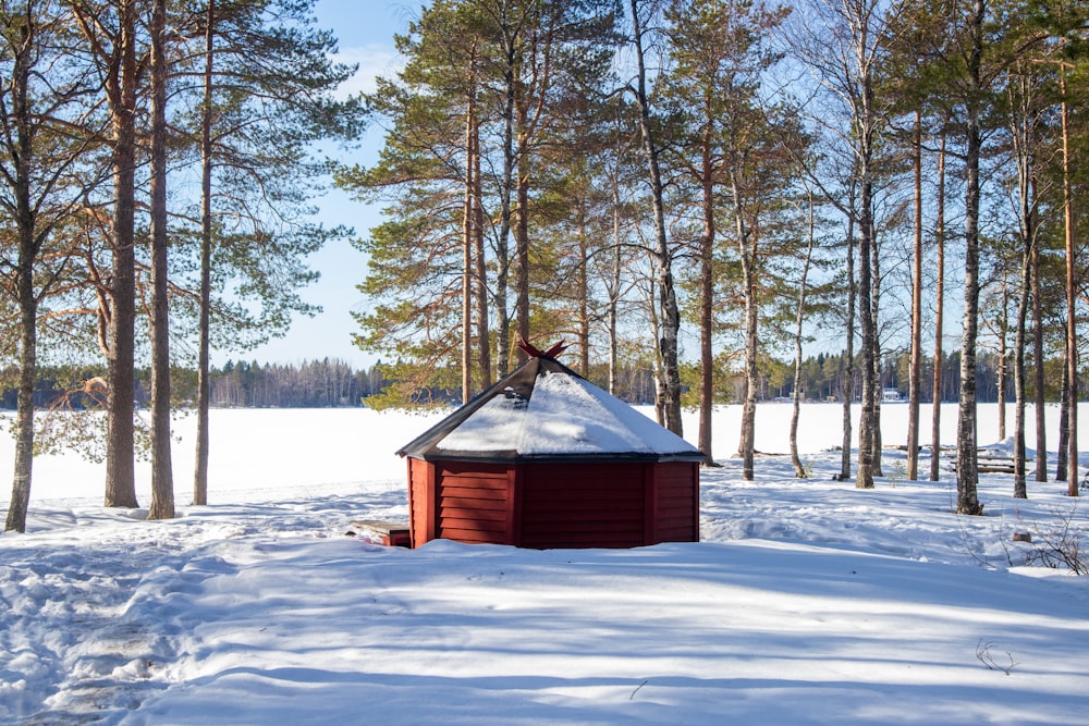 brown wooden house on snow covered ground during daytime