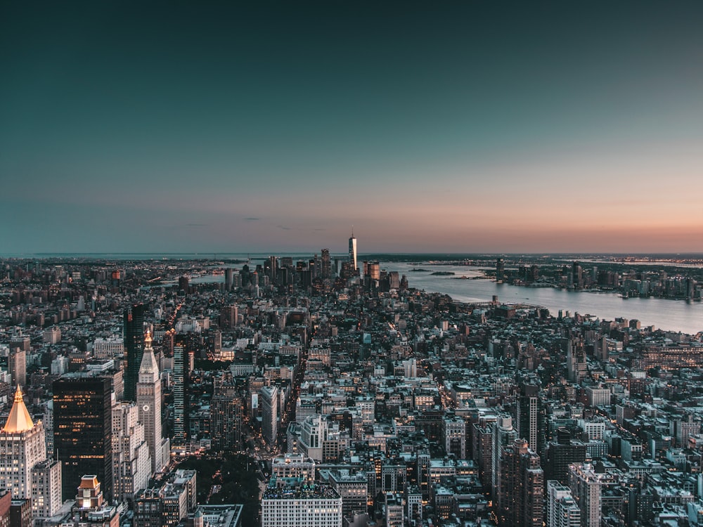 aerial view of city buildings during night time