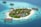 An aerial view of a tropical island resort featuring lush greenery, palm trees, and several thatched-roof villas surrounded by clear turquoise water. The island is bordered by white sandy beaches with a few isolated overwater bungalows in the surrounding sea.