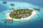 An aerial view of a tropical island resort featuring lush greenery, palm trees, and several thatched-roof villas surrounded by clear turquoise water. The island is bordered by white sandy beaches with a few isolated overwater bungalows in the surrounding sea.