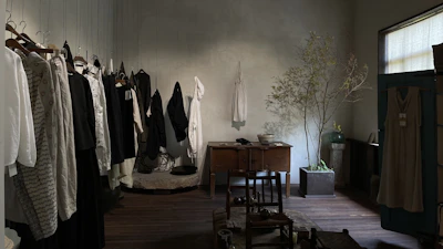 Softly lit photo of secondhand clothing neatly folded and hanging in a bright, airy room with natural plants.