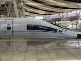 A sleek, modern high-speed train is parked at a station, reflecting sophisticated engineering with its streamlined design. The surrounding area features large metal beams and glass panels, typical of a train station environment.