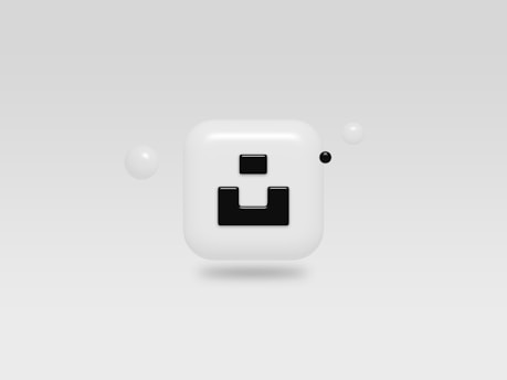 A glossy, rounded square icon with a bold black geometric design in the center, surrounded by small spherical objects on a minimalist gray background.