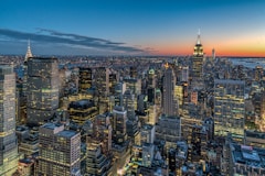 aerial view of city buildings during night time