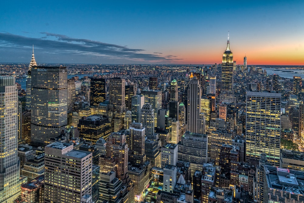 aerial view of city buildings during night time