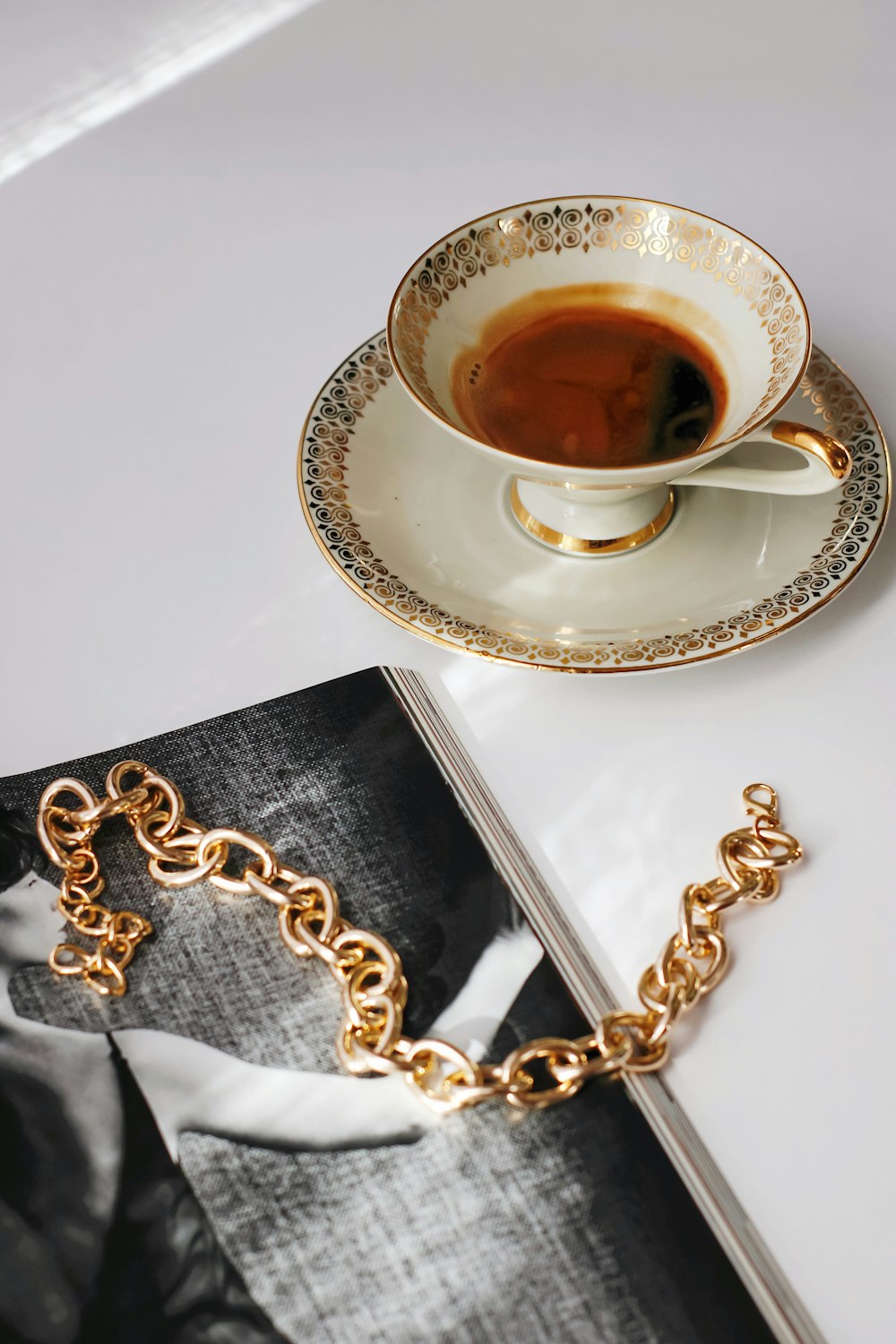 a cup of tea and a book on a table