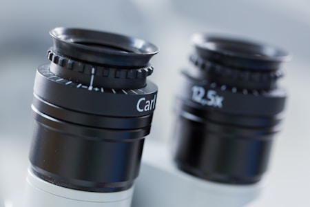 Two microscope eyepieces, one labeled '12.5x', are in focus with a blurred background. The eyepieces have black cylindrical bodies with rotational adjustments for focus.