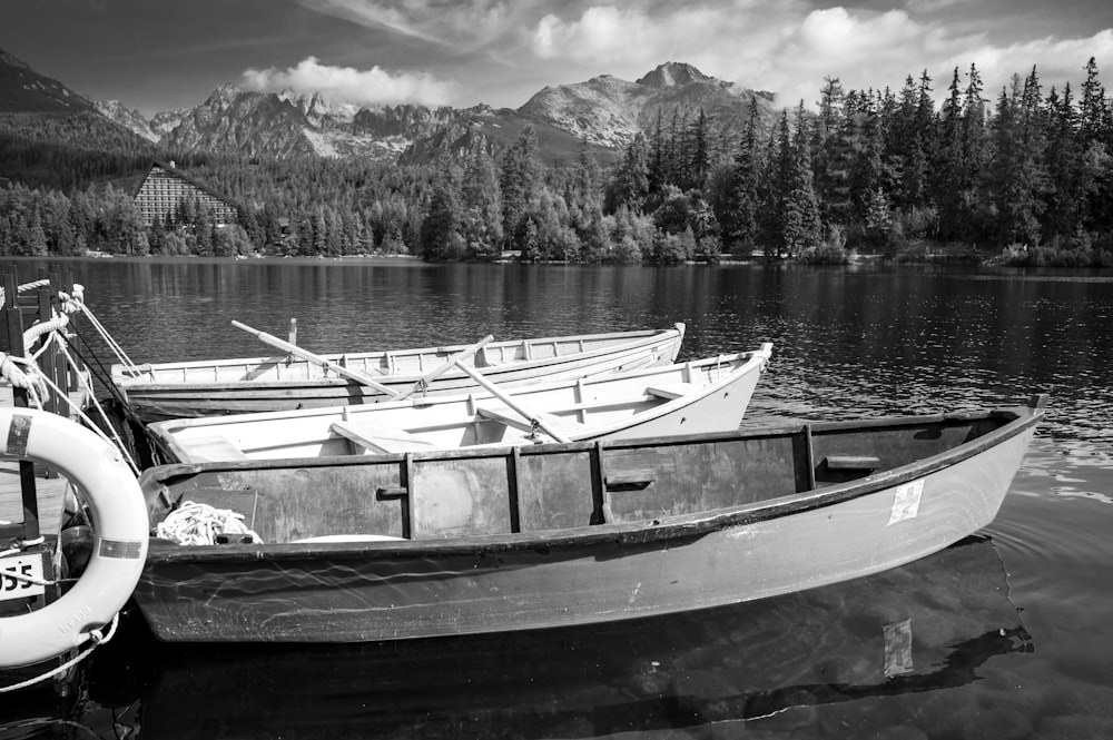 grayscale photo of boat on lake