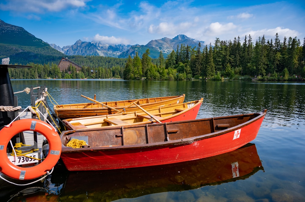 red and brown boat on lake during daytime