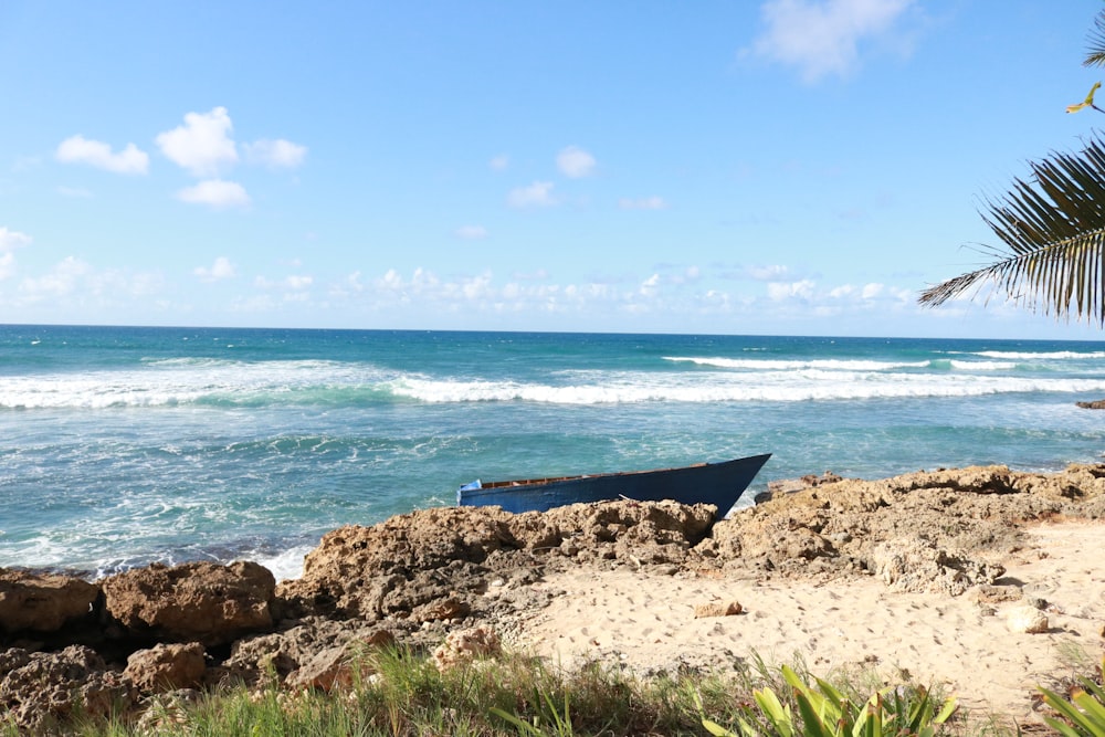 blue boat on seashore during daytime